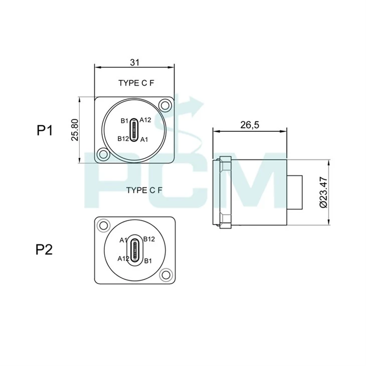 USB C panel mount feedthrough connector drawing